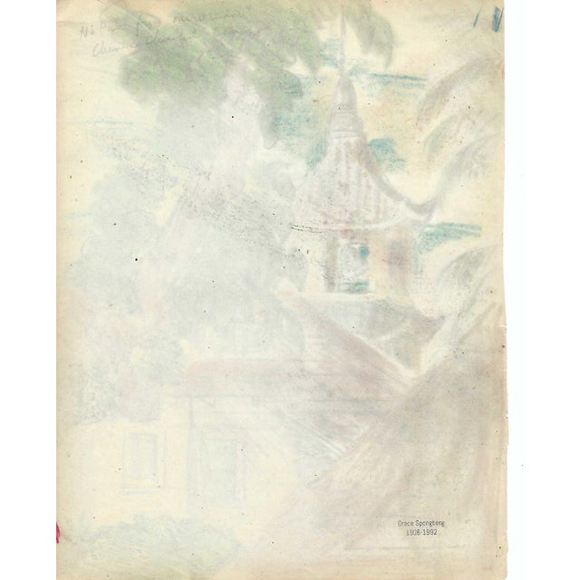 Grace Spongberg (American, 1906-1992) "Na Pua from out Window / Chinese Christian Church" oil pastel on paper, titled and...