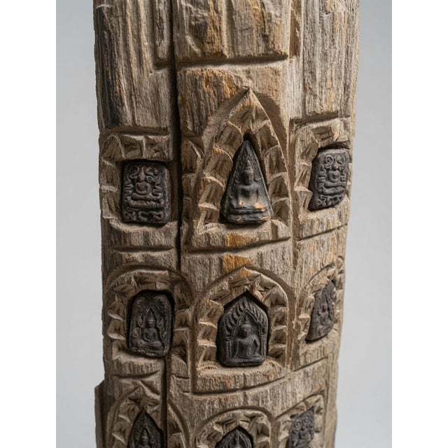 Late 20th Century Antique Driftwood Carving With Inlaid Terracotta Buddha Votives For Sale - Image 5 of 5