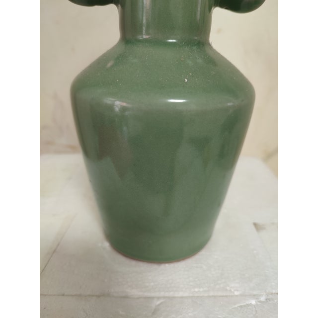 Art Deco Chinese Ceramic Vase Longquan Ware Celadon Vase Hand Carved Double Dragon Ears For Sale - Image 3 of 11