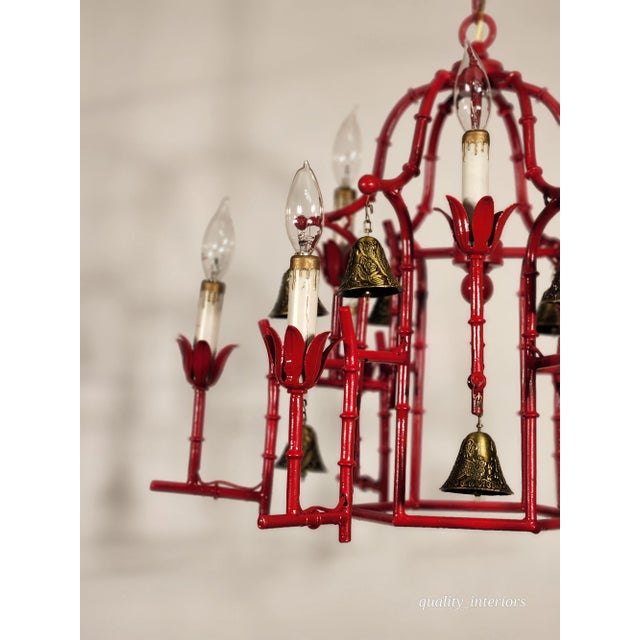 Faux Bamboo Pagoda Hollywood Regency Birdcage 9 Light Chandelier Brass Bells For Sale - Image 4 of 10
