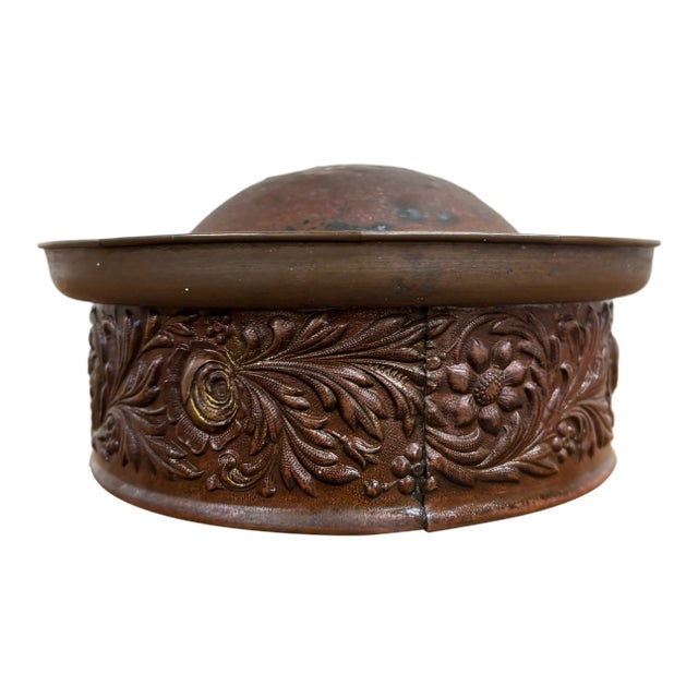 Antique Embossed Copper Decorative Vessel Warming Pan Component For Sale