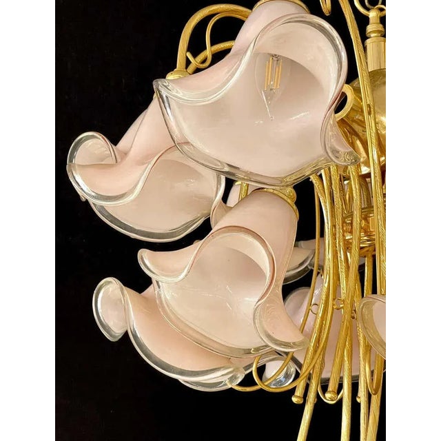 Mid-Century Modern Pink Murano Glass Tulip-Form Brass Chandelier For Sale - Image 3 of 13