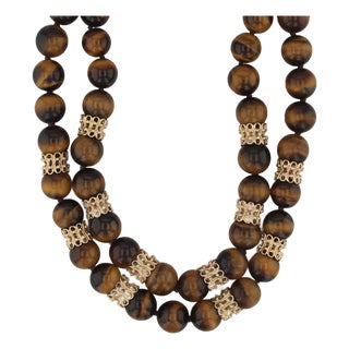 Vintage Tiger's Eye Double Strand Bead Necklace 14k Gold Statement 18" For Sale