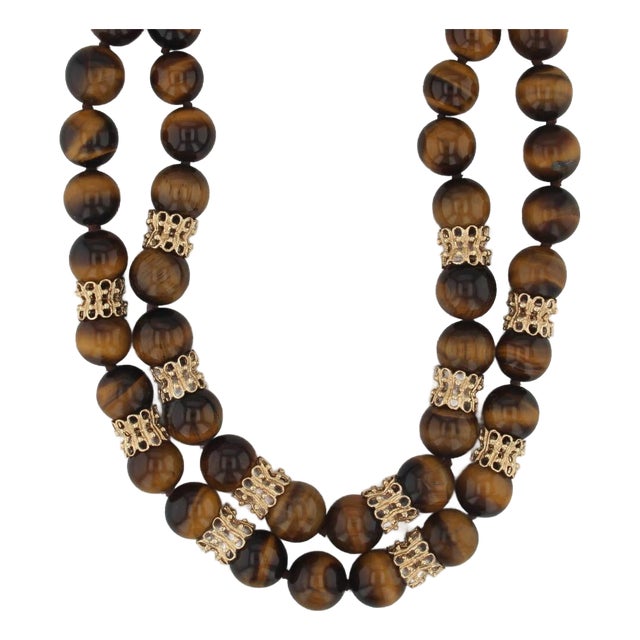Vintage Tiger's Eye Double Strand Bead Necklace 14k Gold Statement 18" For Sale