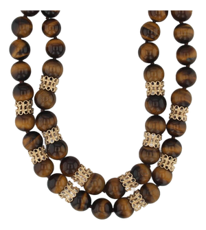Vintage Tiger's Eye Double Strand Bead Necklace 14k Gold Statement 18"