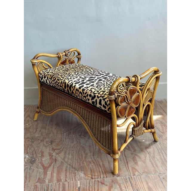 Vintage Coastal Woven Rattan Leopard Bench For Sale In West Palm - Image 6 of 8