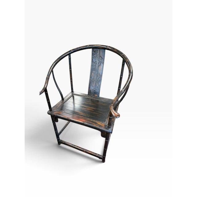 Early 19th Century Pair of Antique Chinese Ming Style Horseshoe Chinoiserie Arm Chairs For Sale - Image 5 of 7