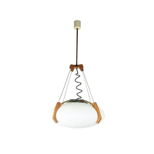 Italian Opaline Glass, Brass & Teak Pendant Lamp, 1950s For Sale - Image 13 of 13