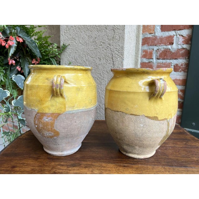 Pair Antique Provincial French Yellow Glazed Pottery Confit Pot Urn Vessel Vase For Sale - Image 9 of 13
