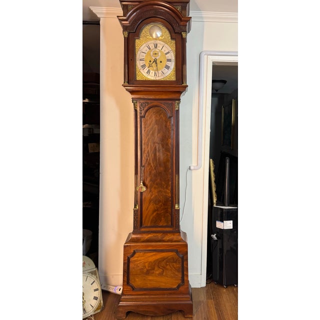 Mid 18th Century George II Mahogany Grandfather Clock in Ornately Detailed Case For Sale - Image 4 of 12