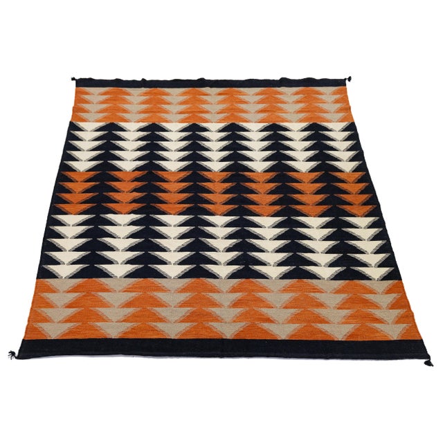 Modern Navajo Style Geometric Wool Rug Handmade Terracotta & Charcoal Flatweave For Sale In New York - Image 6 of 11