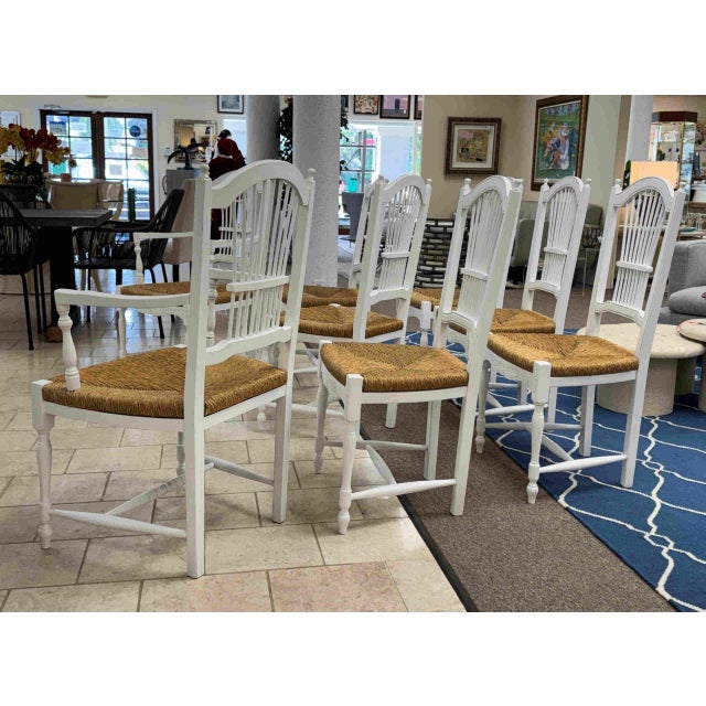Vintage Painted French Country Sheaf-Back Dining Chairs With Rush Seats - Set of 8 For Sale - Image 4 of 14