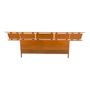 Danish Mid Century Modern Reversible Panels Walnut Cane King Size Headboard Bed