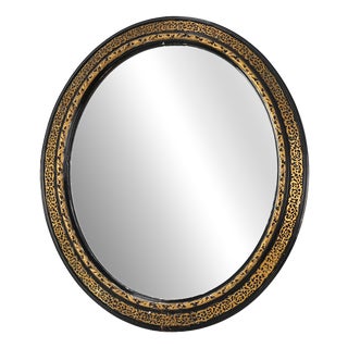 French Neoclassical Oval Black and Gilt Mirror, 1950s For Sale
