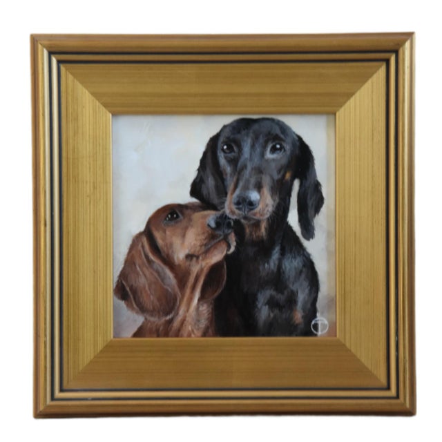 2020s Dachshunds Dog Portrait Study Painting Including the Antiqued Gold Wood Frame For Sale - Image 5 of 5