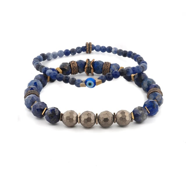 Gemstone Deep Wisdom Lapis & Evil Eye Beaded Bracelet Set For Sale - Image 7 of 7