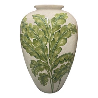 Italian Hand-Painted Ceramic Leaf Vase With Crackle Glaze For Sale