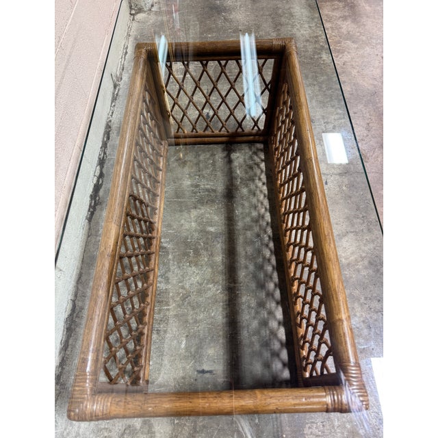 Brown Vintage Boho Wicker Bamboo Glass Top Coffee Table For Sale - Image 8 of 8