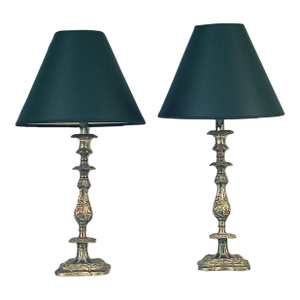 Late 20th Century Ornate, Silver Plated, Antique English Candlestick Table Lamps - a Pair