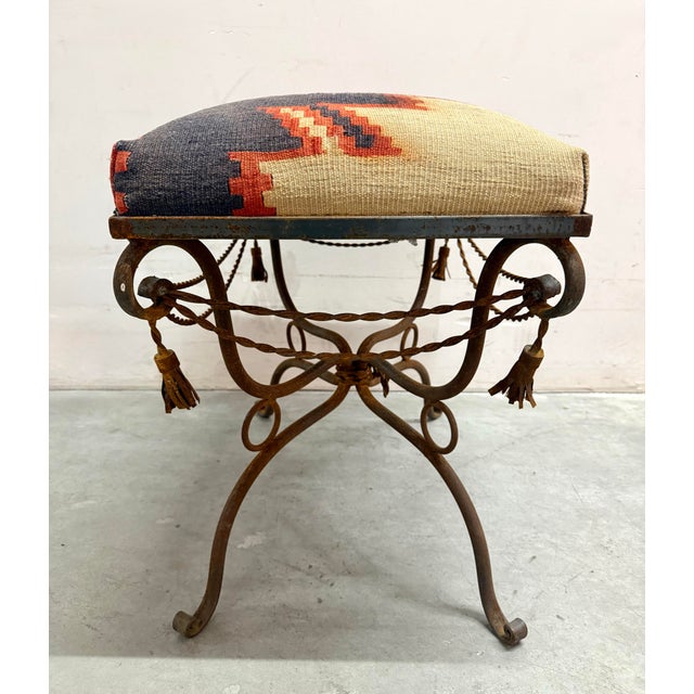 Vintage Spanish Revival Wrought Iron Bench Ottoman With Kilim Upholstery For Sale In Los Angeles - Image 6 of 12