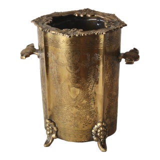 Vintage Art Nouveau Style Ornate Etched Brass Planter Footed With Handles For Sale