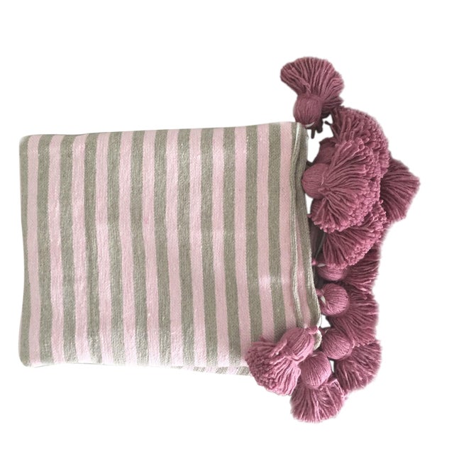 Blush Taupe Pink Pompom Throw For Sale