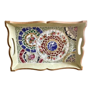 Circa 2000 Handcrafted Pottery Tesserae Mosaic Serving Tray With Cut-Out Side Handles