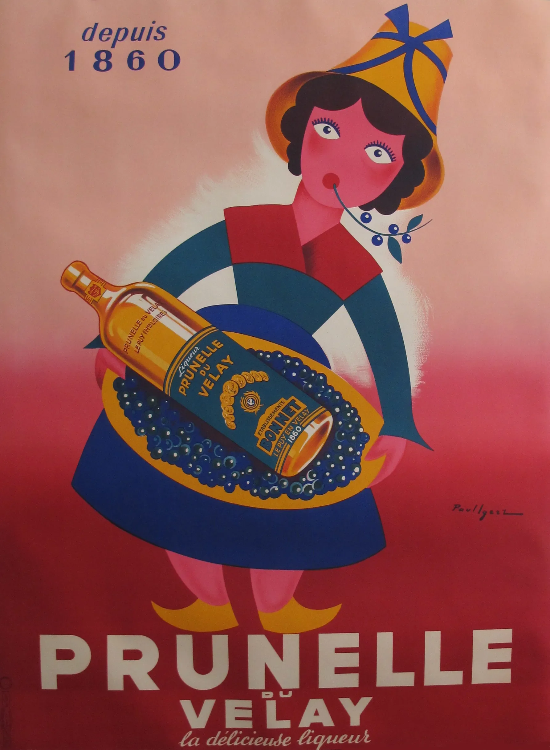 1950's Vintage Original French Alcohol Poster, Prunelle Du Velay