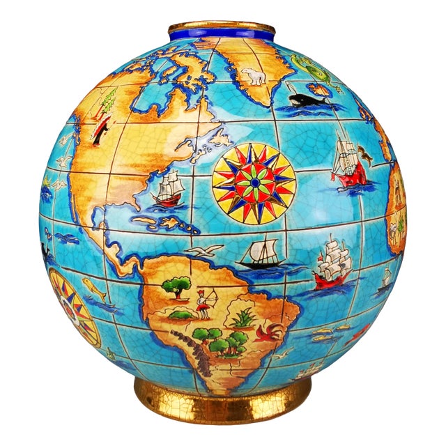 Colonial Globe Vase World Map by M.P. Chevalier for Longwy For Sale
