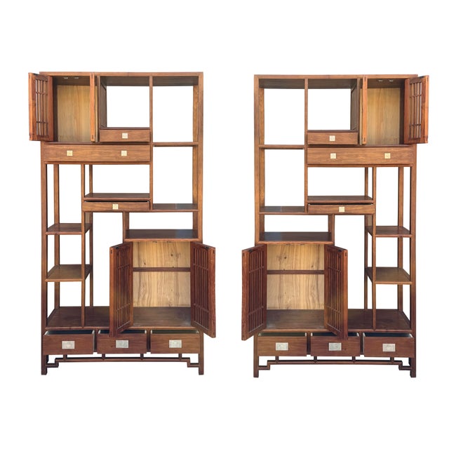 Asian Pair Asian Inspired Asymmetrical Light Brown Shelving Display Cabinet Divider For Sale - Image 3 of 13