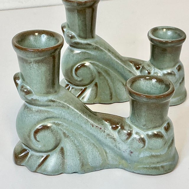 1950s Vintage Boho Chic Americana Arts & Crafts Frankoma Pottery Double Arm Candlestick Holders - A Pair For Sale - Image 6 of 18