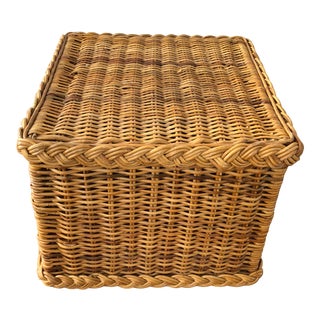 Vintage Rattan and Bamboo Cube Ottoman For Sale