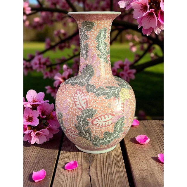 This vintage Chinese Chinoiserie floor vase features colorful painted leaves, standing tall at 18.25 inches. Made in...