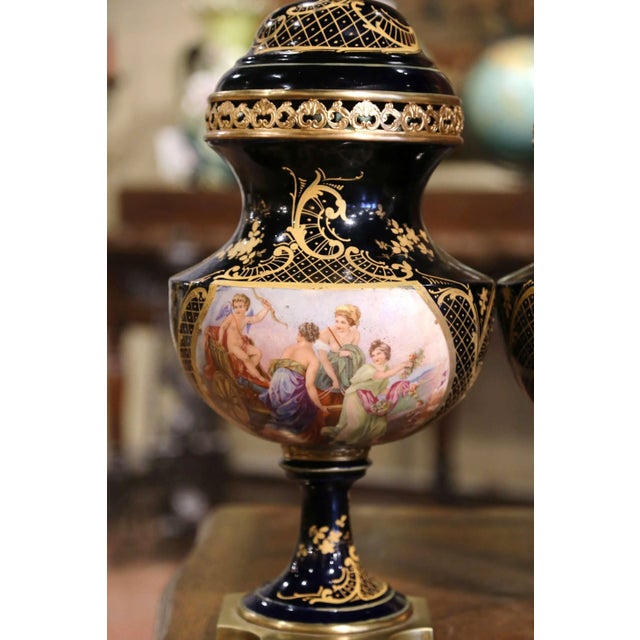 French Pair of 19th Century French Sevres Royal Blue Porcelain & Bronze Covered Urns For Sale - Image 3 of 12
