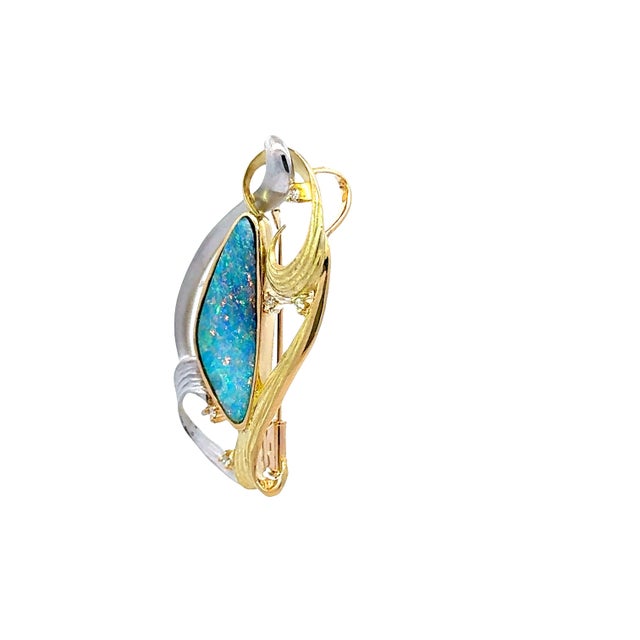 Early 21st Century 9.83 Carat Boulder Opal Diamond Platinum-18k Yellow Gold Brooch-Pendant For Sale - Image 5 of 6