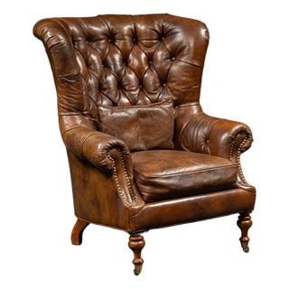 Vintage Tufted Leather Highback Armchair With Lumbar Pillow in Brown For Sale