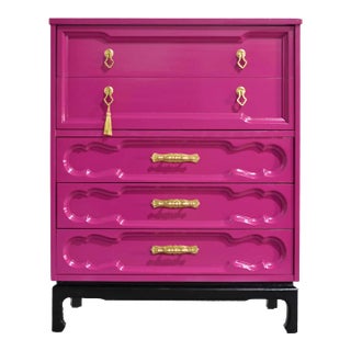 Mid Century Chinoiserie Style Highboy Dresser in Pink - Newly Painted For Sale