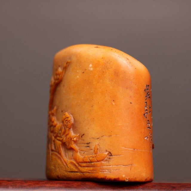 Stone Shoushan Stone Antique Seal, Hand Carved Relief Landscape Visiting Friend by Boat Chinese Scholar Studio Chop For Sale - Image 7 of 9