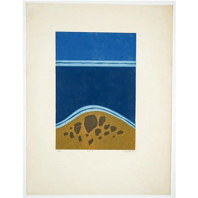 Woodcut by Rockport artist Roger Martin (1925-2015) "Beach" woodblock print on thin paper, pencil signed, titled, dated...