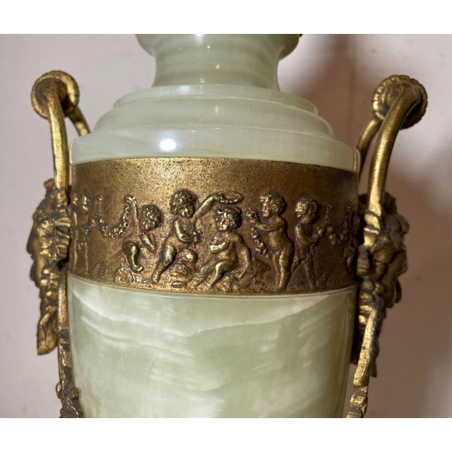 Antique English Ornate Victorian Green Onyx Gilt Bronze Figural Urn Table Lamp For Sale - Image 13 of 15