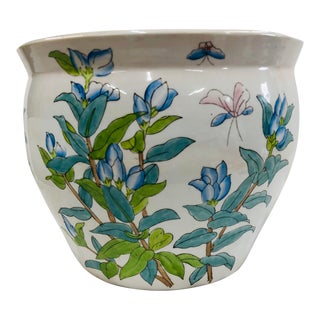 Chinoiserie Fish Bowl Planter With Blue and Green Floral Design For Sale