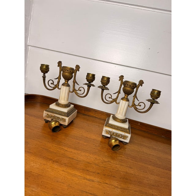 Bronze Pair of French Empire Style 19 Century Pair of Marble & Gilt Bronze Candle Sticks With Rooster Heads For Sale - Image 8 of 13