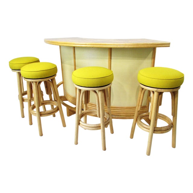 Mid Century Tiki Bamboo Bar With 4 Stools For Sale