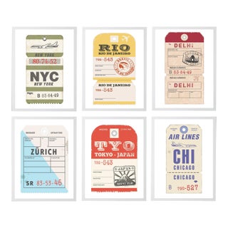 Travel Ticket Prints in White Shadowbox - 17" x 21", Set of 6 For Sale