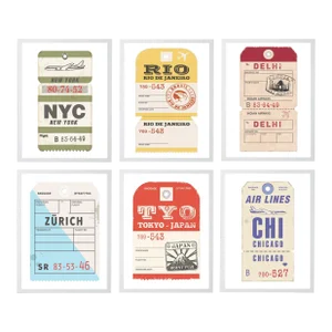 Travel Ticket Prints in White Shadowbox - 17" x 21", Set of 6