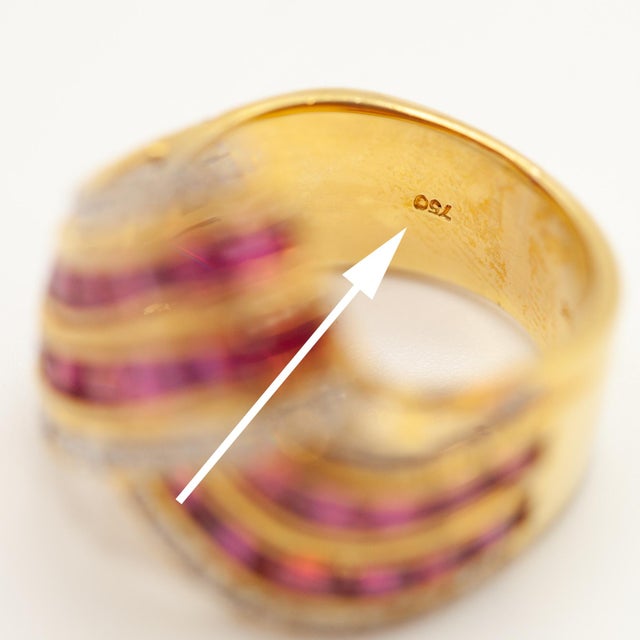 1980s Vintage 18k Yellow Gold Ruby and Diamond Cocktail Ring, Size 6.5 For Sale In New York - Image 6 of 16