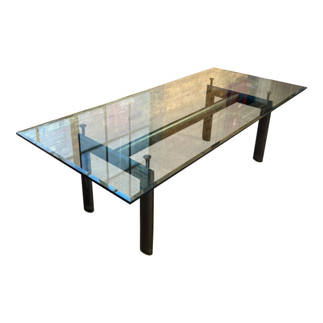 Late 20th Century Glass Dining Table With Black Tubular Steel Base Attributed to Le Corbusier For Sale