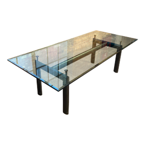 Late 20th Century Glass Dining Table With Black Tubular Steel Base Attributed to Le Corbusier