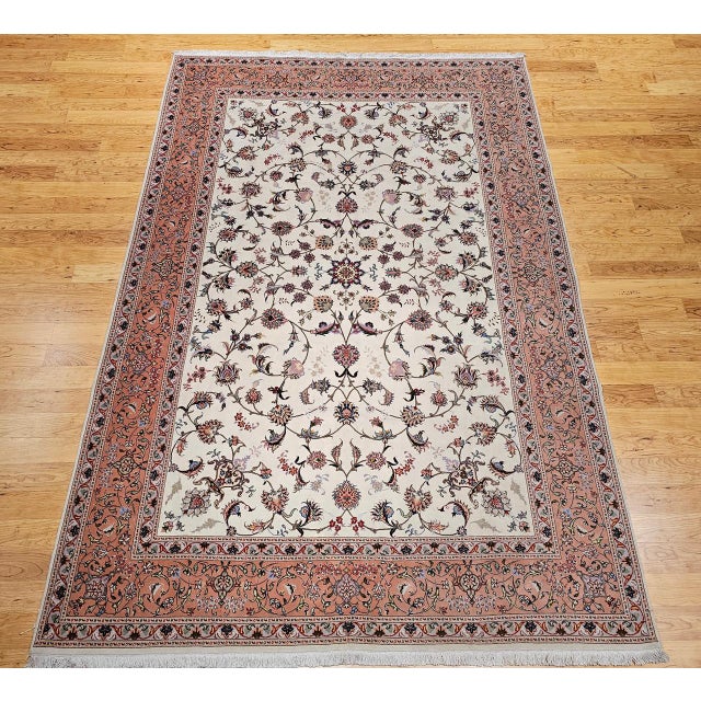 Vintage Persian Tabriz Rug, Hand-Knotted Wool & Silk, Allover Floral Pattern, Ivory & Pale Red, 7x10 For Sale - Image 12 of 18