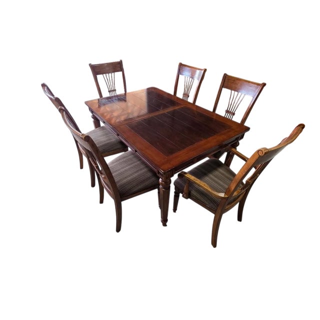 Late 20th Century Traditional Expandable Wood Dining Table With 8 Upholstered Chairs – 9 Piece Set For Sale - Image 4 of 9